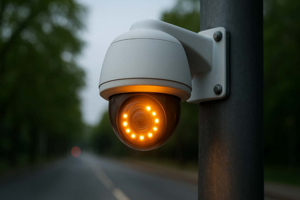 A CCTV camera with a red recording light indicating active surveillance for Proactive Specialised Security Solutions.