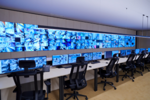 A professional security control room with multiple surveillance monitors supporting intelligent security operations for Proactive Specialised Security Solutions.